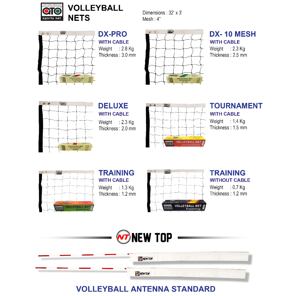 VOLLEYBALL NETS Dimensions 32’ x 3’ Mesh 4” VOLLEYBALL ANTENNA