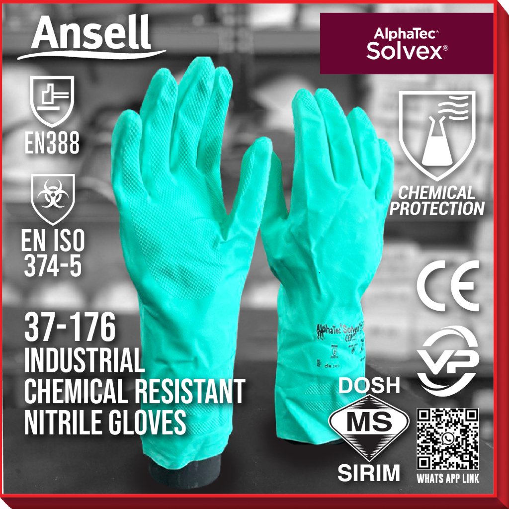 ALPHATEC SOLVEX 37176 PPE GLOVES INDUSTRIAL CHEMICAL RESISTANT NITRILE