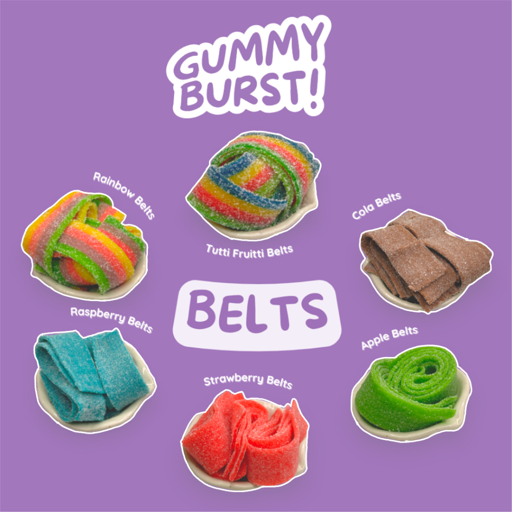 Gummy Burst! Sour Belt Sour Ribbon Cola Apple Strawberry Tutti Fruitti ...