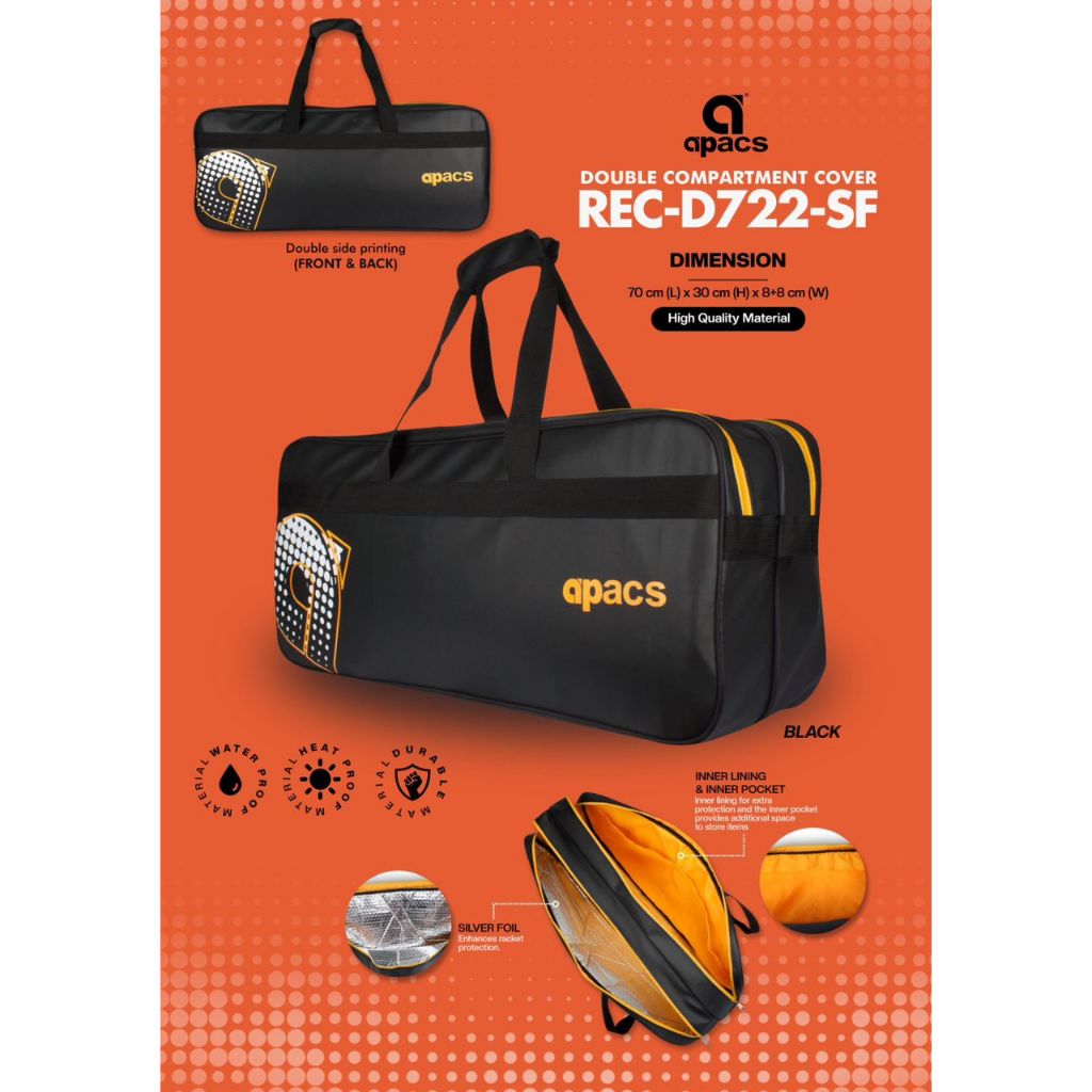 Apacs Badminton Double Compartment Cover REC-D722-SF ( With Thermal ...