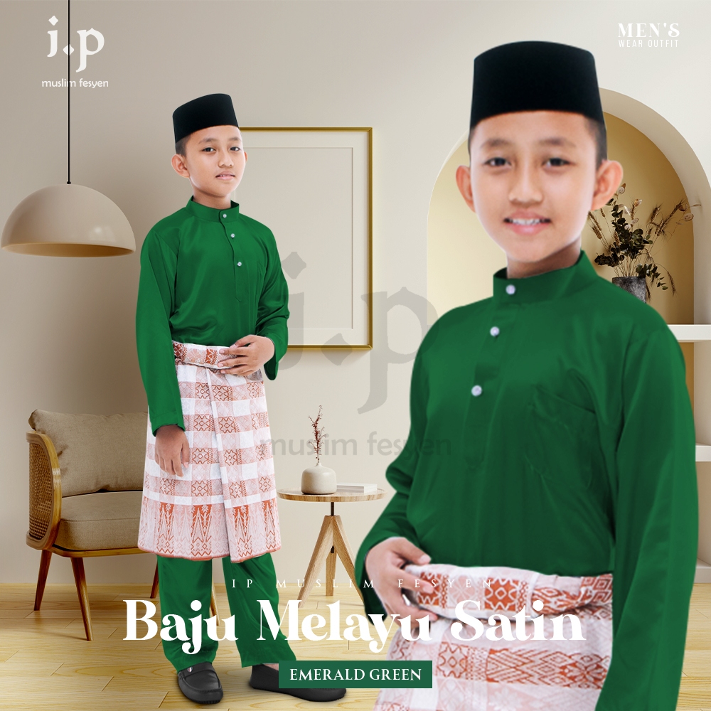 Ip Muslim 2024 MALAY SHIRTS PAIR SATIN CHILDREN EMERALD GREEN