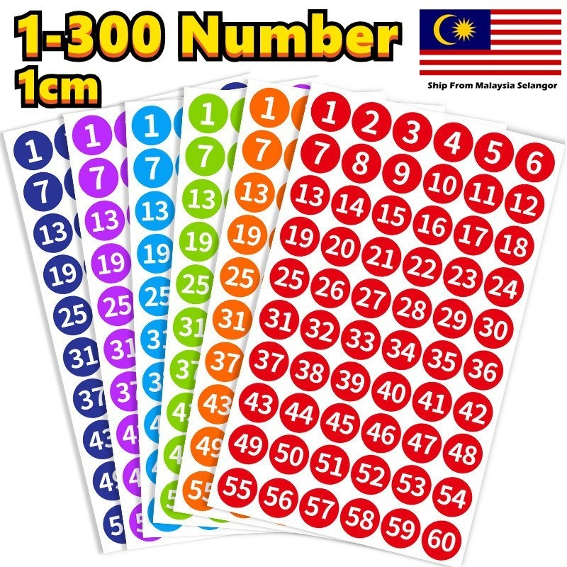 1cm 1-300 Small Size Number Flow Sticker Stick Label Consecutive Nombor ...