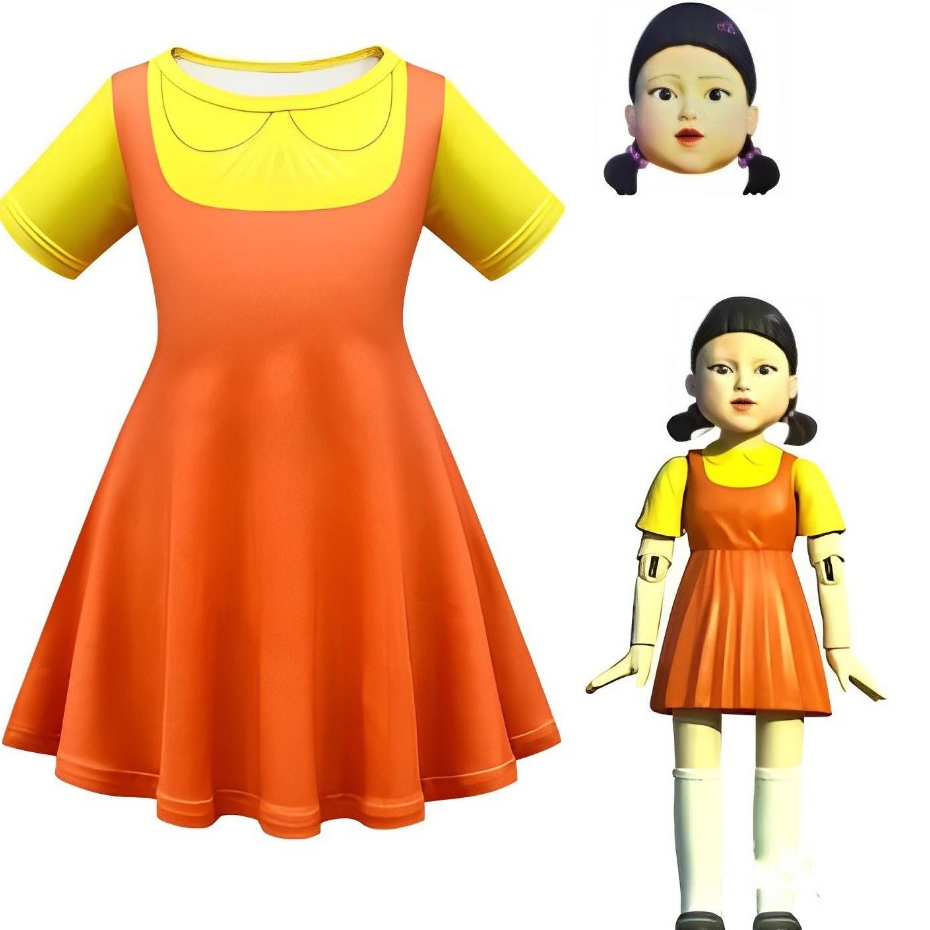 Squid Game Robot Doll Star Cosplay Yellow Orange Little Girl Costume Scary Weird Halloween Kid