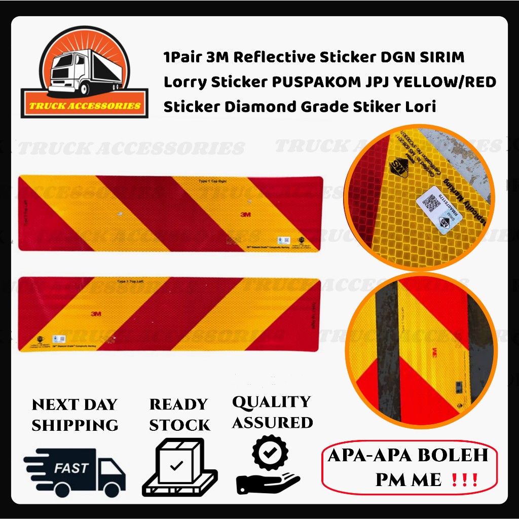 1pair 3m Reflective Sticker Dgn Sirim Lorry Sticker Puspakom Jpj Yellow