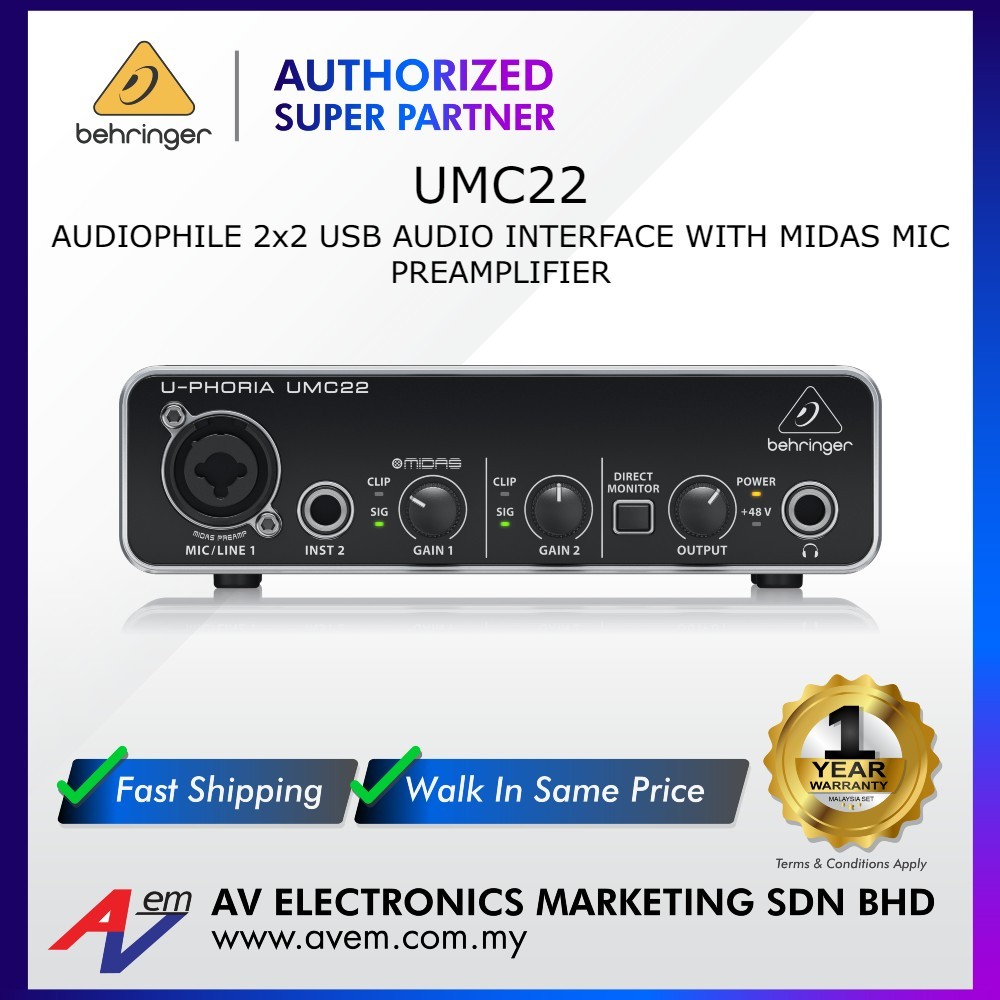 BEHRINGER UMC22 UMC-22 U-PHORIA Audiophile 2x2 USB Audio Interface with ...