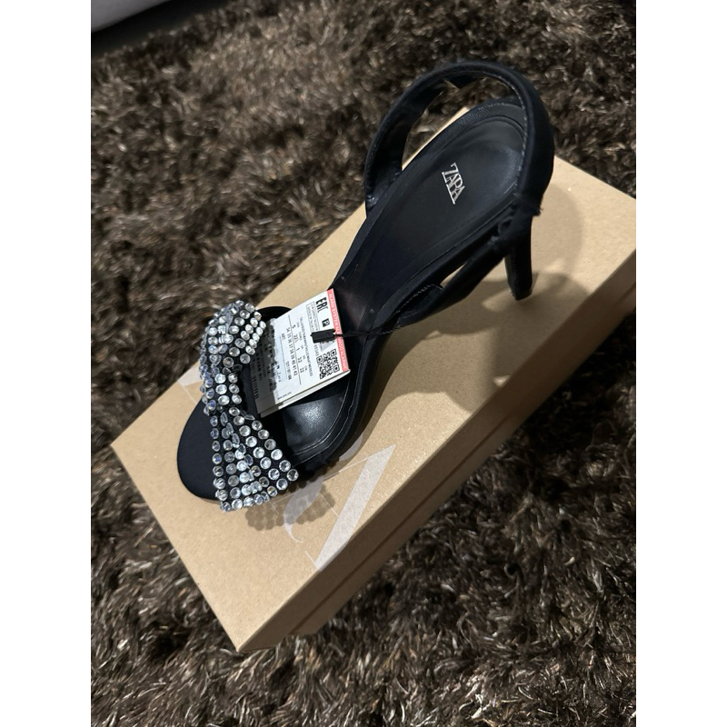 ZARA RIBBON BOW RHINESTONE BLACK HEELS | Shopee Philippines