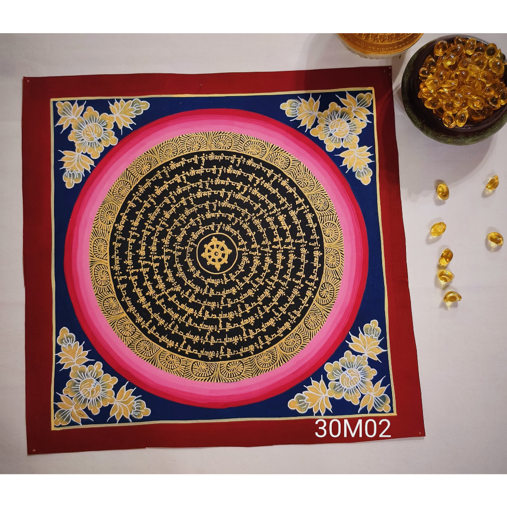 30m02 手绘 观音心咒坛城 Hand Painted Mani Mantra Thangka Mandala 家庭兴盛 事业顺利 生意兴隆 ...