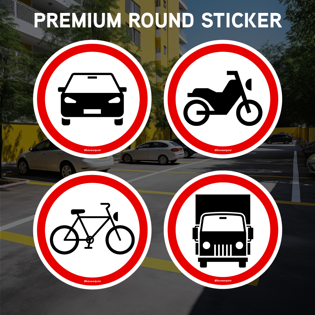Car Motorcycle Bicycle Lorry Entry Parking Entrance. Round Sticker Sign ...