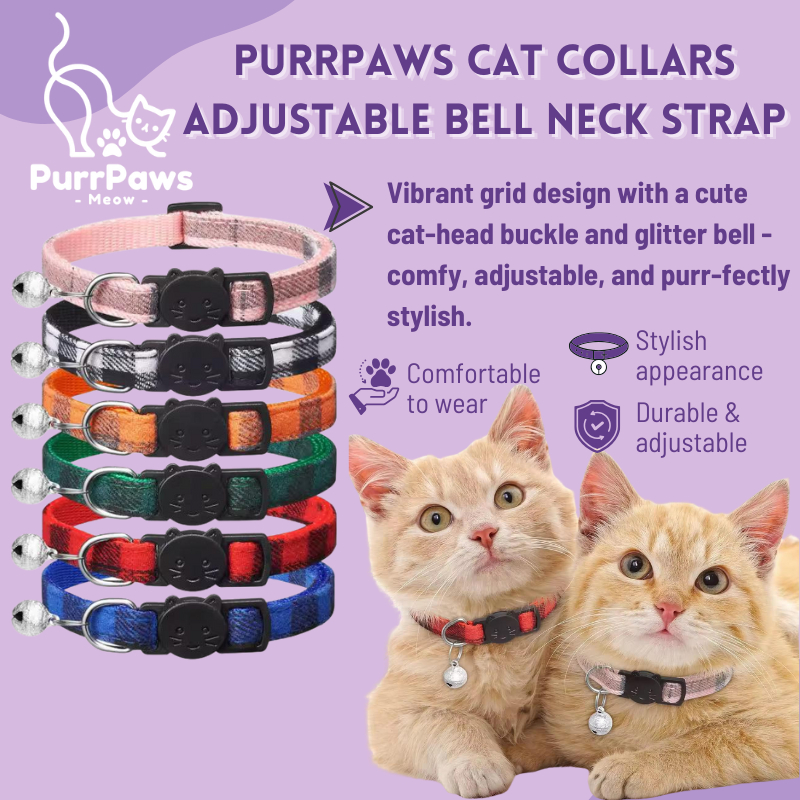 PurrPaws Cat Collars with Grids Design and Bell Cat Neck Strap with ...