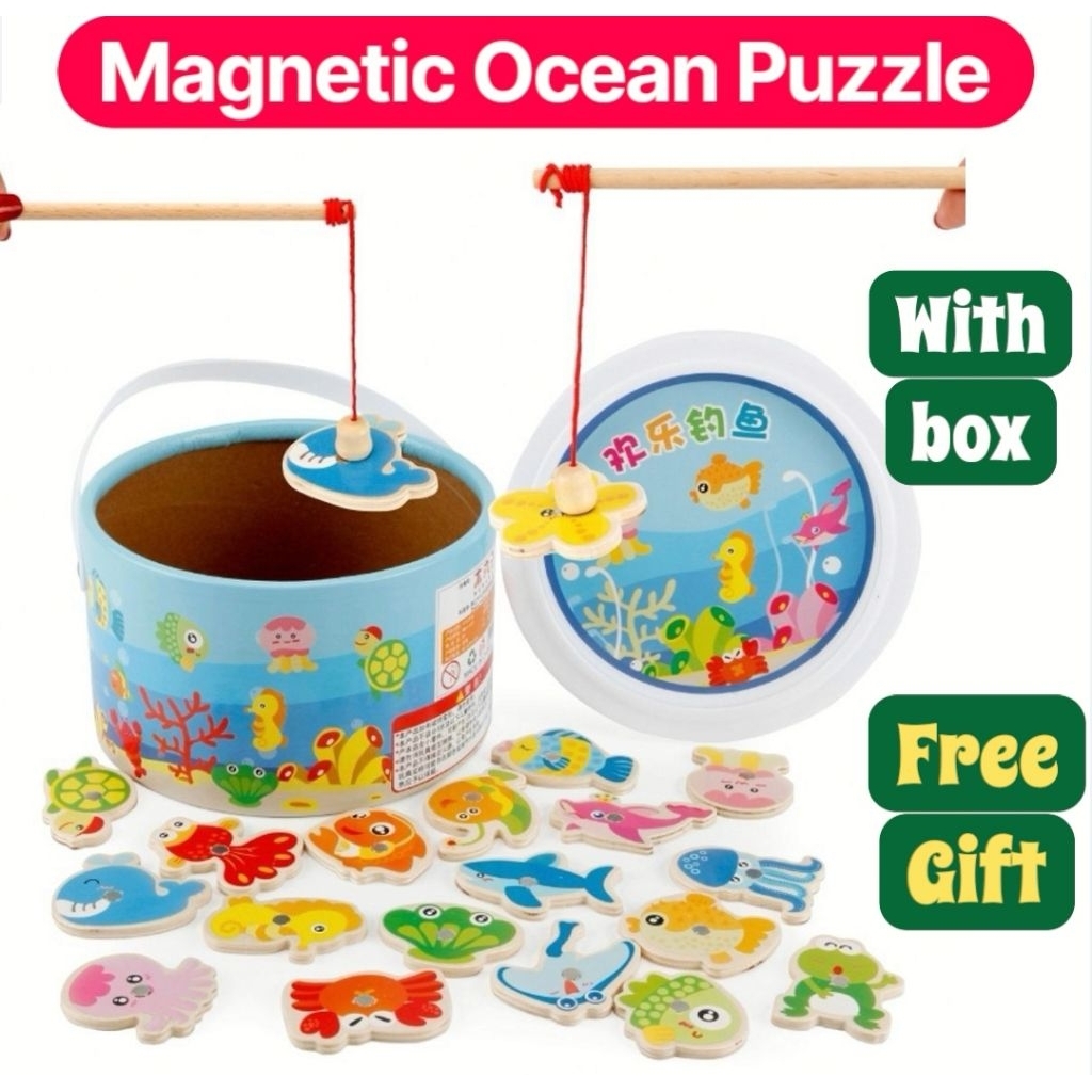Wooden Kids Puzzles Board Magnetic Fishing Games Set with 20 Ocean ...