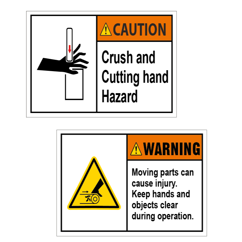 CAUTION Crush and Cutting hand Hazard and WARNING Moving parts can ...