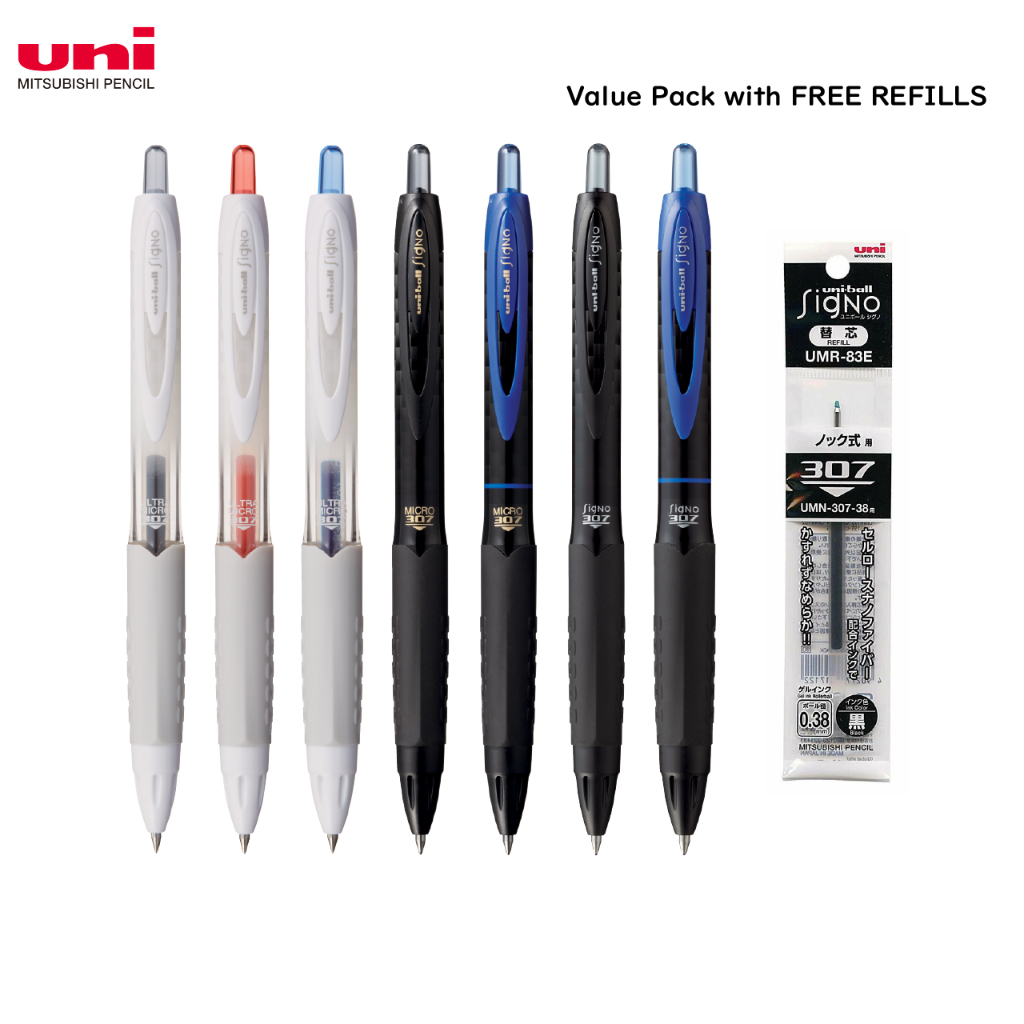 Uni-ball Signo 307 Gel Ink Pen with Refills Value Pack 0.38mm/0.5mm/0 ...
