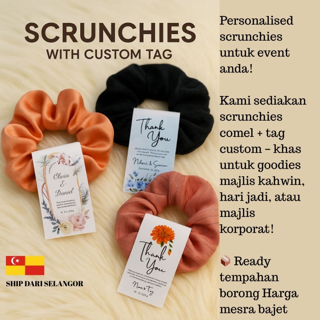 Doorgift srunchies dengan tag custom getah rambut ribbons doorgift ...