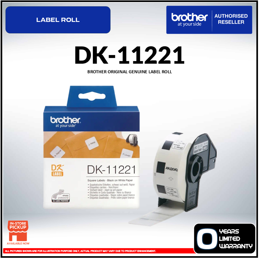 Brother DK‐11221 Black on White Square Die‐Cut Paper Labels 23 mm × 23 ...