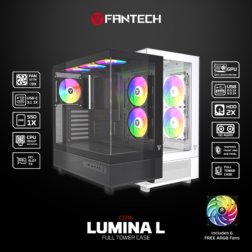 FANTECH CG86 LUMINA L FULL TOWER DESKTOP GAMING CASE INCLUDE 6 ARGB ...