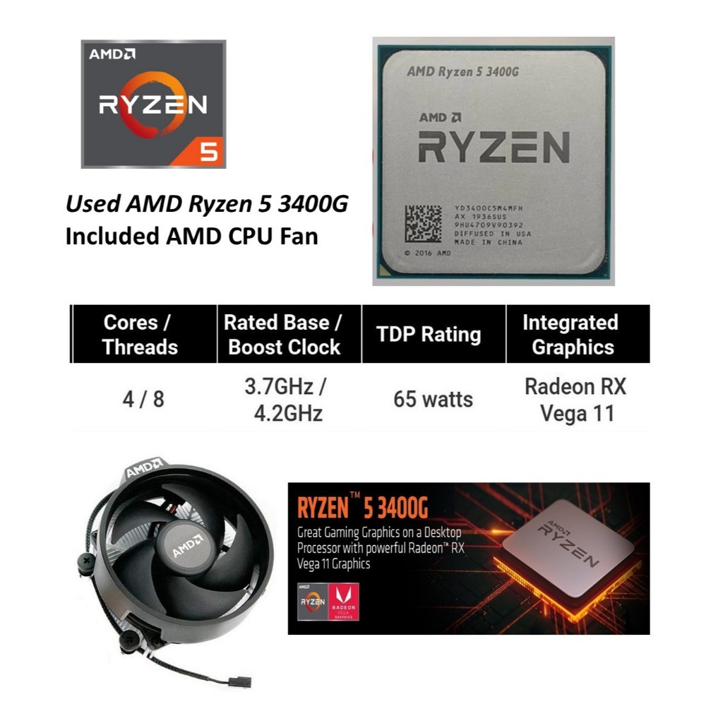 Used amd ryzen 5 3400g desktop processor with radeontm rx vega 11