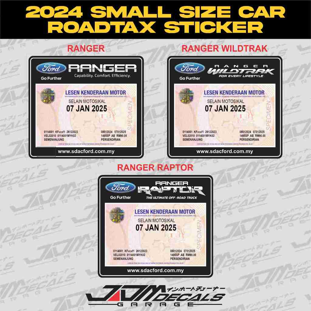 [2024 SMALL SIZE CAR ROADTAX STICKER] Ford Ranger Raptor Wildtrak ...