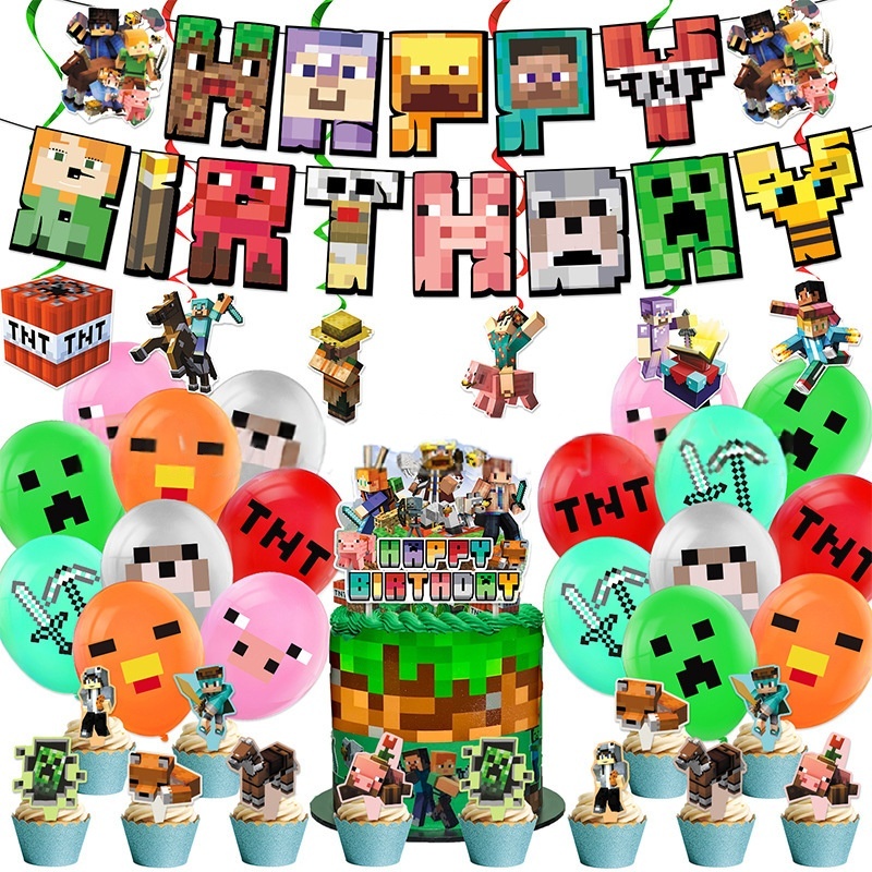 [38pcs]DIY Minecraft Themed Happy Birthday Decoration Set Game Banner ...