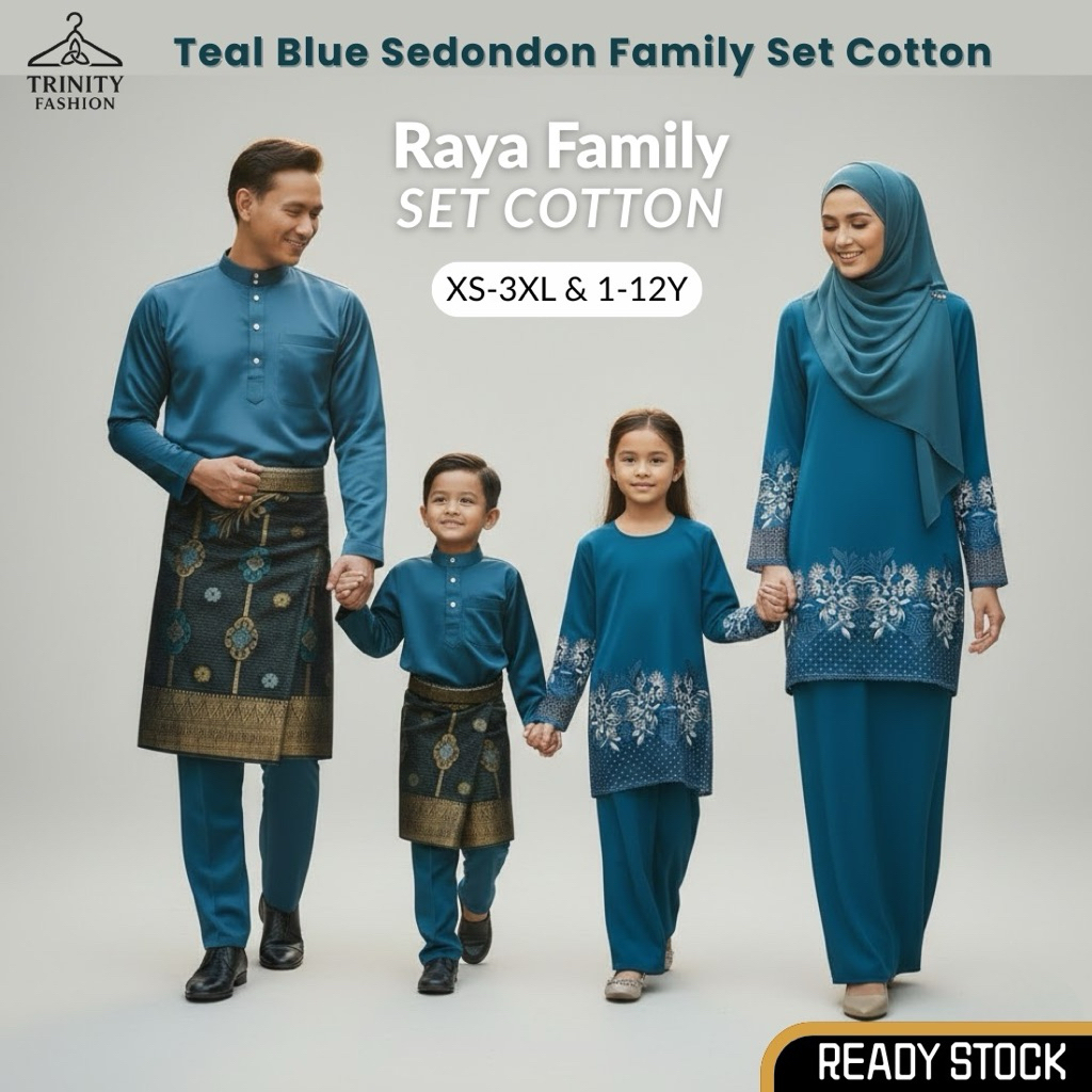 Baju Raya 2026 Teal Blue Family Set Elegant Sedondon Look Set Ayah Ibu ...