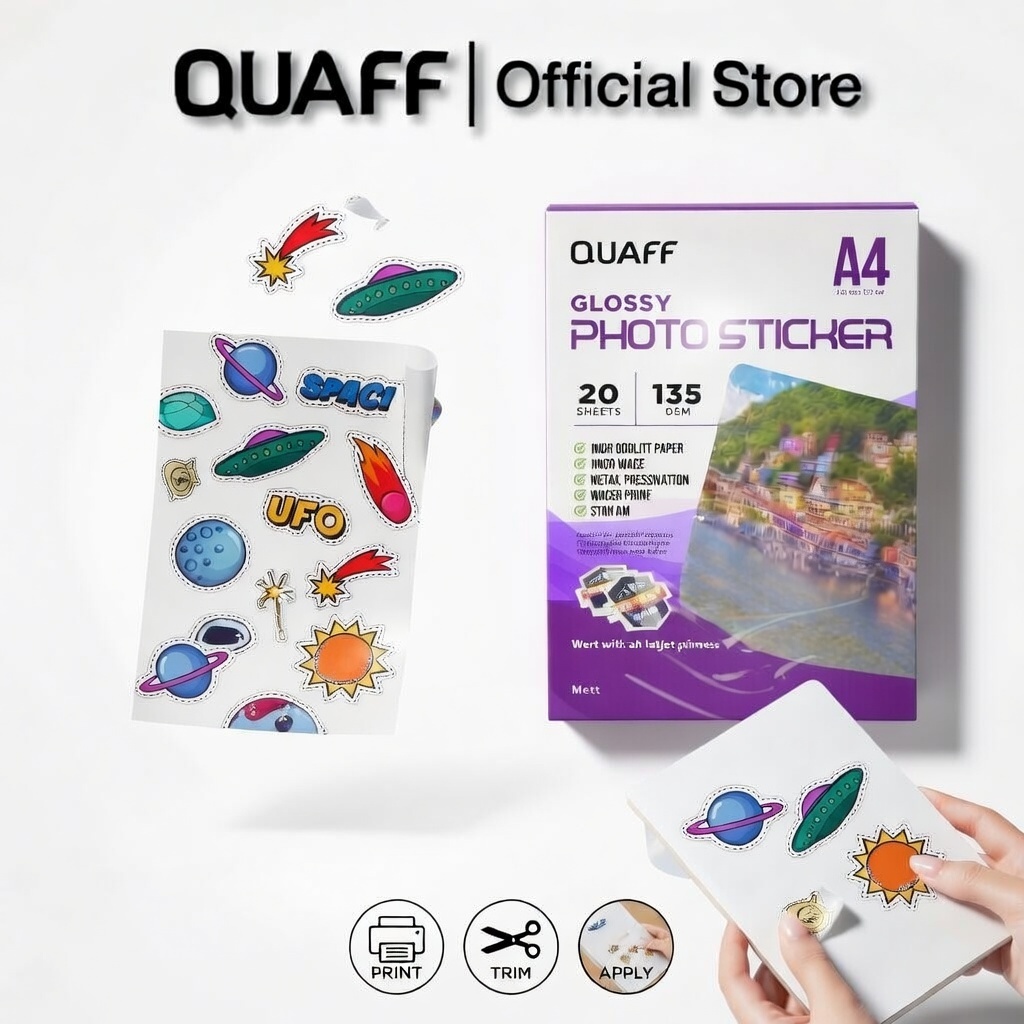 QUAFF Waterproof Glossy Sticker Paper 50 Sheets 90/135Gsm A4/A3 Inkjet ...