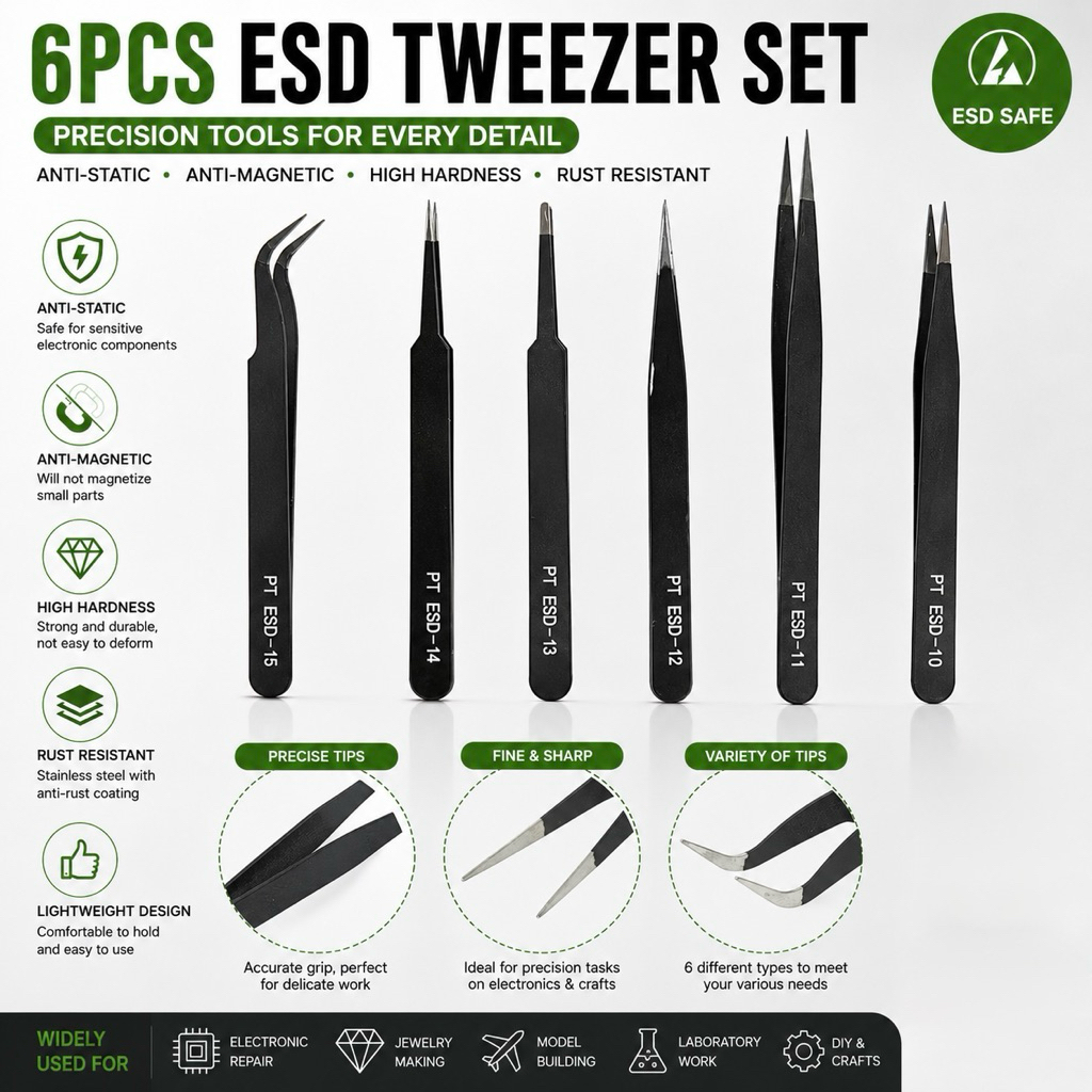 6pcs Anti Static / ESD Safe, Stainless Steel Tweezer with Special ...