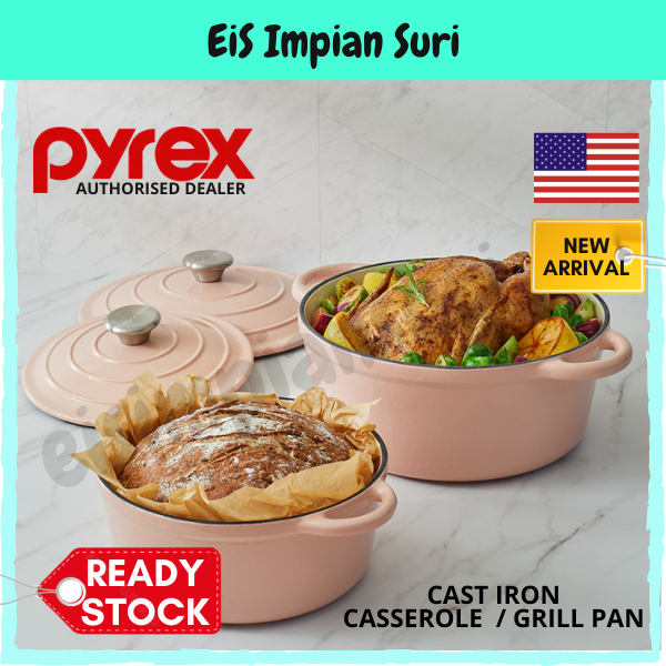 Pyrex Cast Iron Casserole (2.5L / 3L) / 24cm Grill Pan Pyrex Cast Iron ...