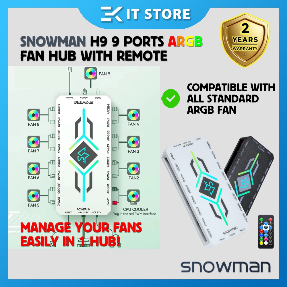 Snowman H9 9 Ports ARGB PWM Controller Fan Hub with Remote Control (5V ...