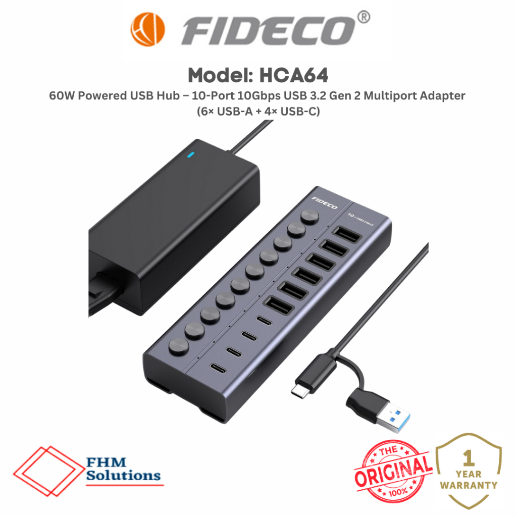FIDECO 60W Powered USB Hub – 10-Port 10Gbps USB 3.2 Gen 2 Multiport ...
