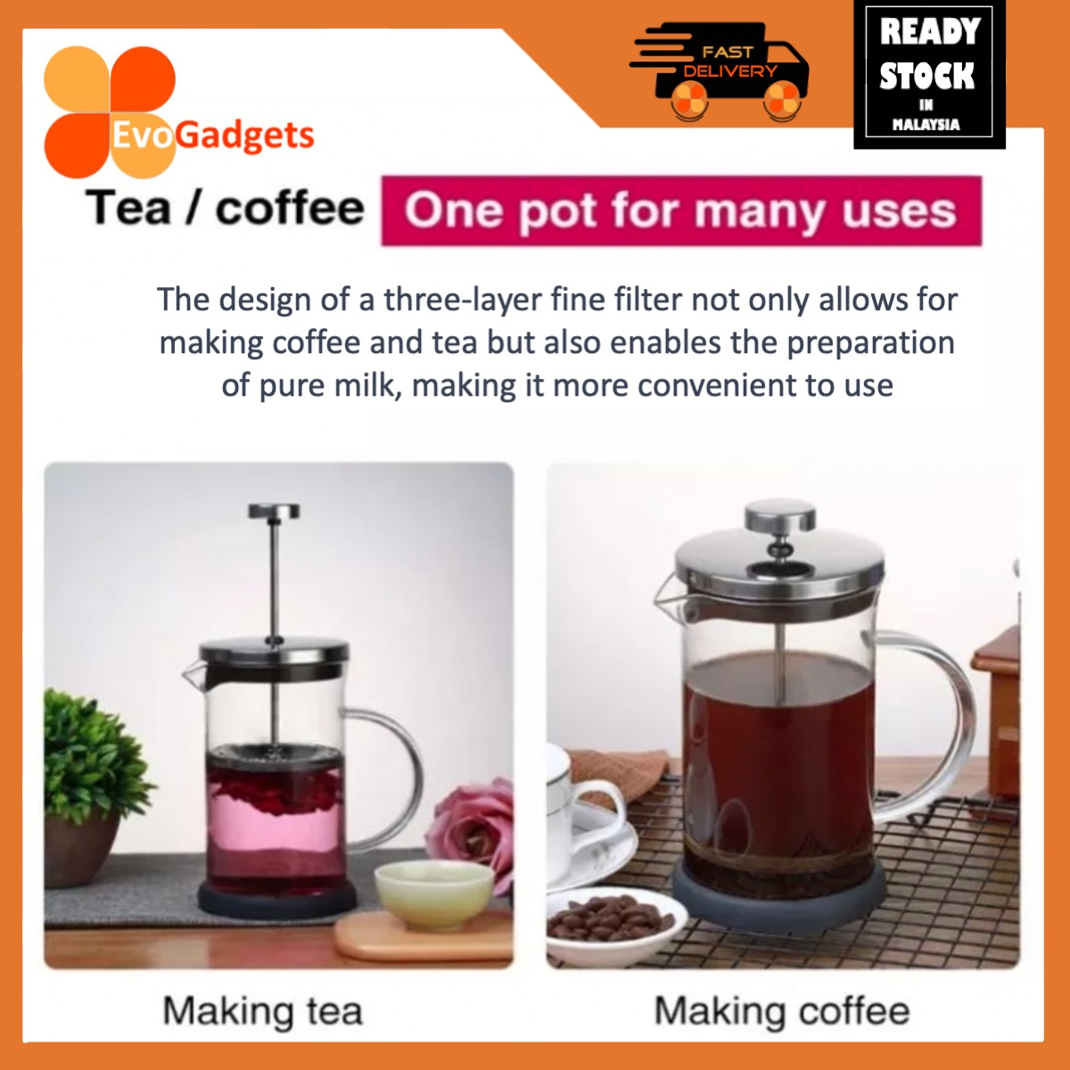 Premium 1000ML French Press Coffee Maker Stainless Steel Filter Heat