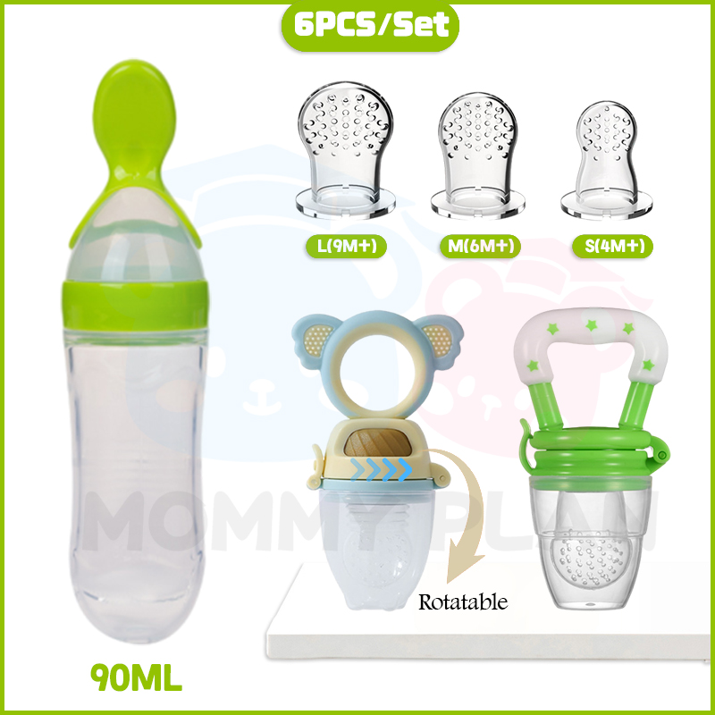 6Pcs Silicon Baby Food Feeder Squeeze Spoon Set Rotatable Baby Fruit ...
