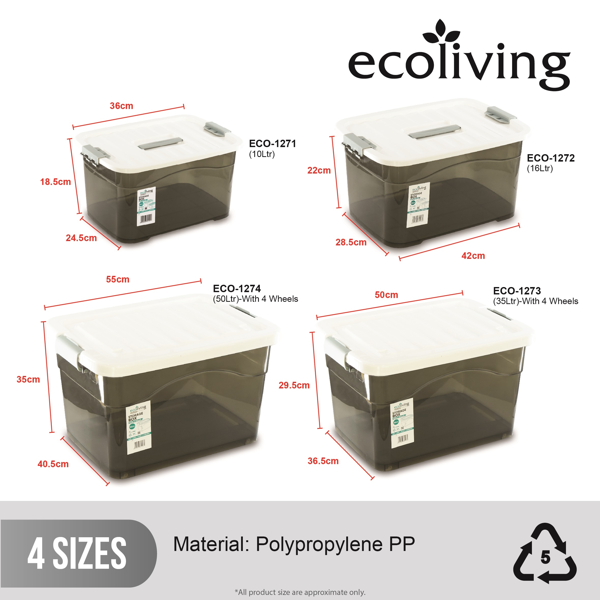 ECO LIVING 10,16L Stackable Storage Box With Wheels, Space Organizer ...