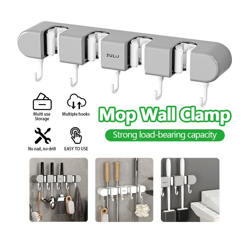 New Broom Mop Holder Suction Cups With Hooks Wall Mounted Broom Storage ...