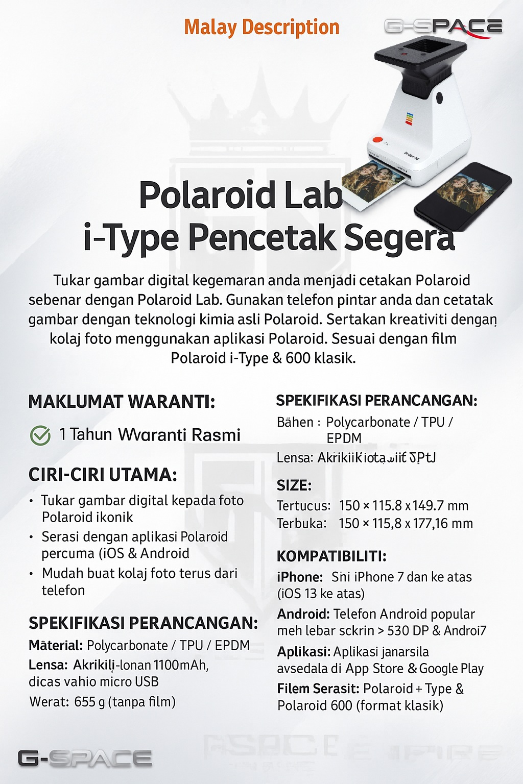 [Instant Photo Printer] Polaroid Lab i-Type Instant Printer 1 Year ...