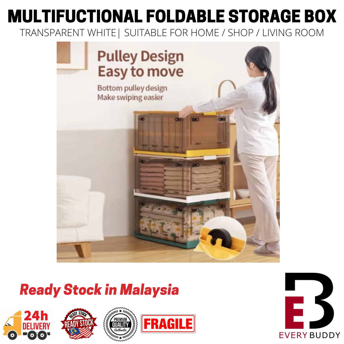 120L Foldable Storage Box With Lid & Wheels Large Capacity Multipurpose ...