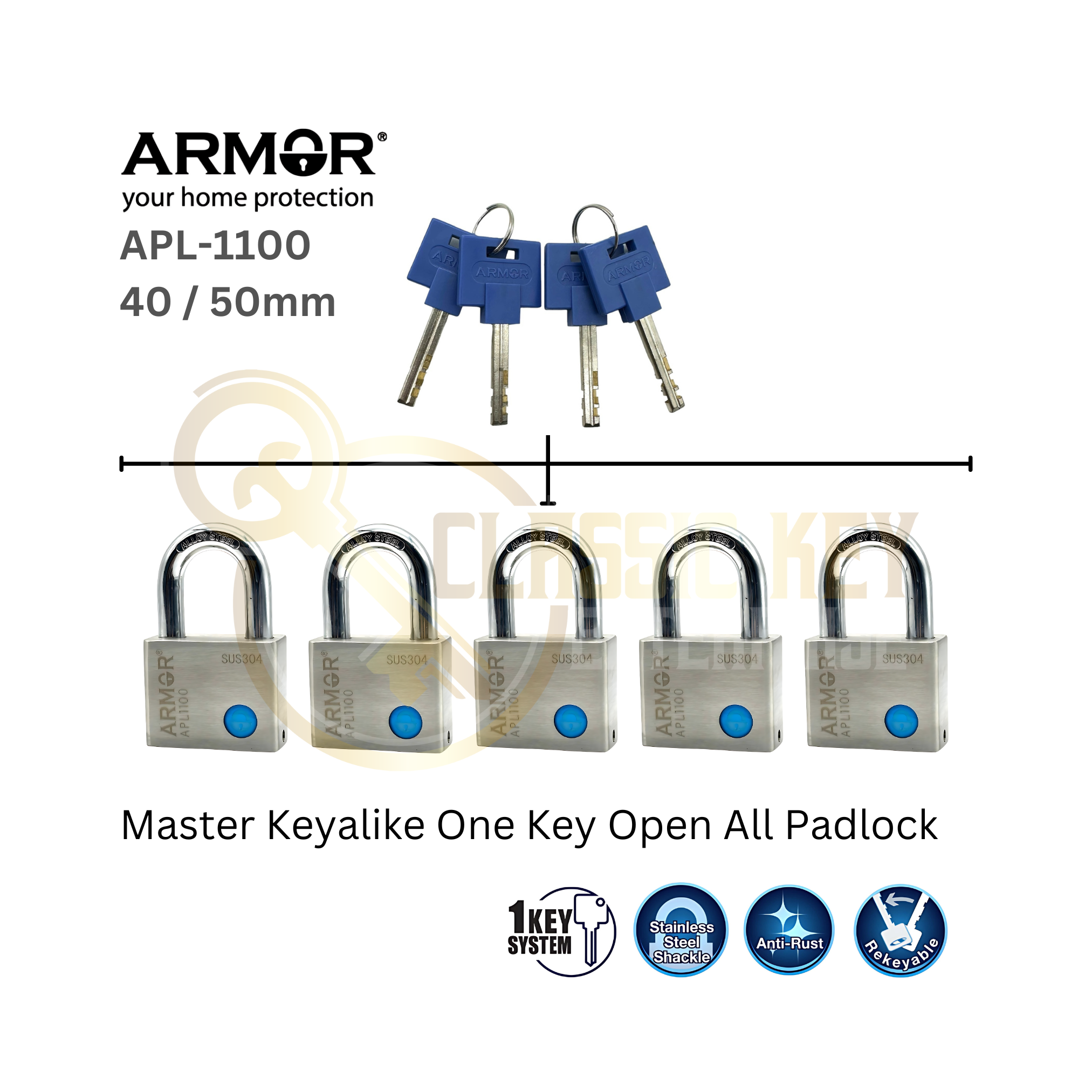 ARMOR Padlock Model APL1100 Stainless Steel SUS304 (Size 40mm