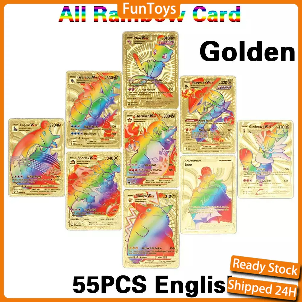Gold Pokemon Cards Golden Foil Set  55 Pcs  - Including Vmax Rares V Series Gx Ex Rares Charizard Common Cards Random Pic On Cards Box Cover Z1b60002b7dfb9855b464z