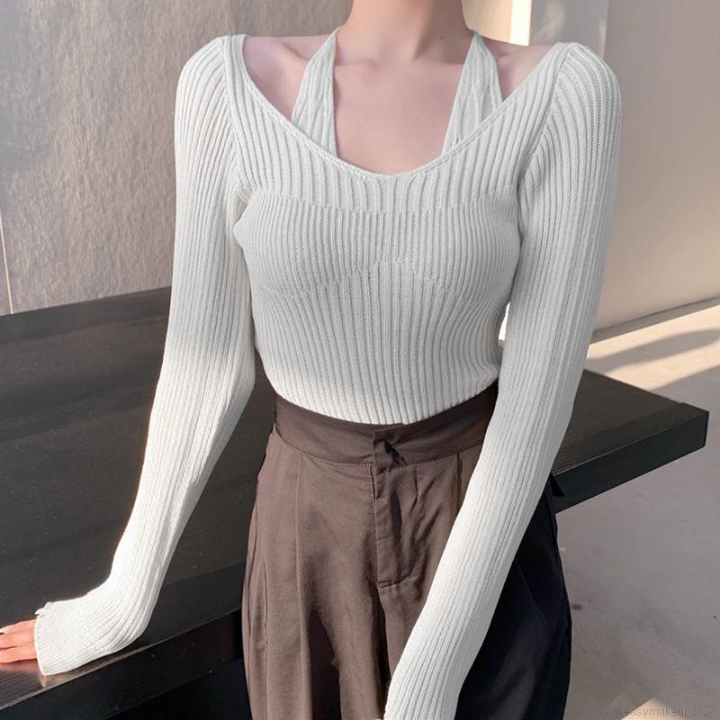 Long Sleeve Slim V-neck Fake Two-piece Knitted Top Women Sexy Thin ...