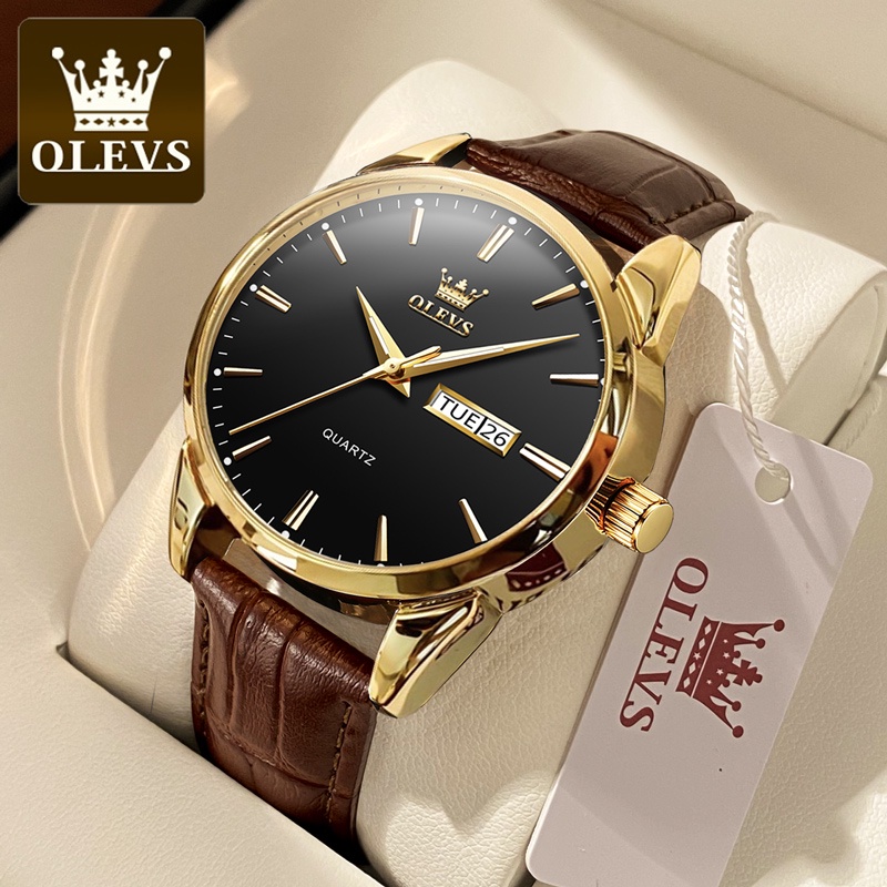 OLEVS Original Branded Relo Men Watch Brown Leather Strap Business Fashion  Men's Quartz Watch Calendar And Week Waterproof Luminous Wrist Watches For 