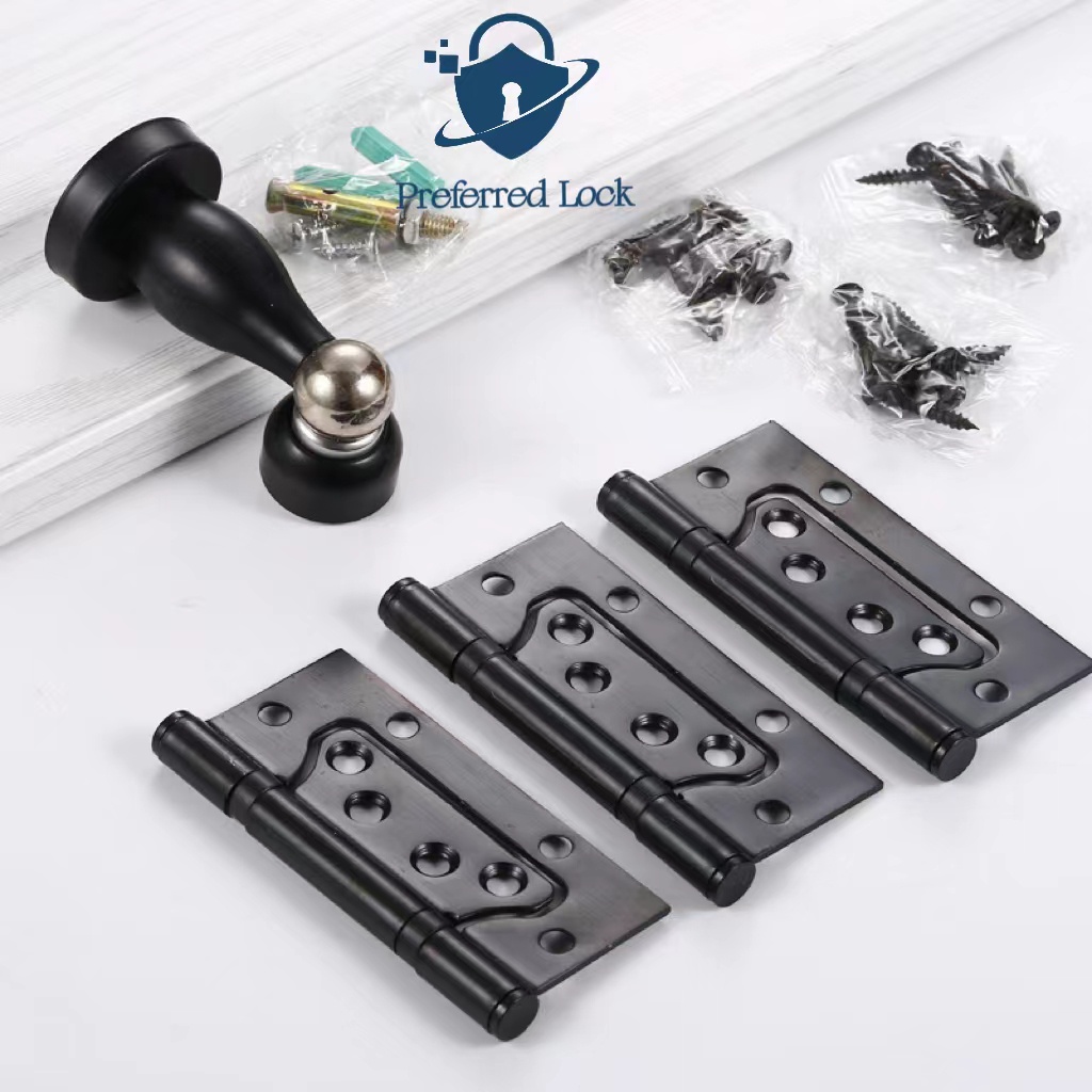 Preferred Lock 3 Pcs Four Inch Black Door Hinge Stopper Set Iron
