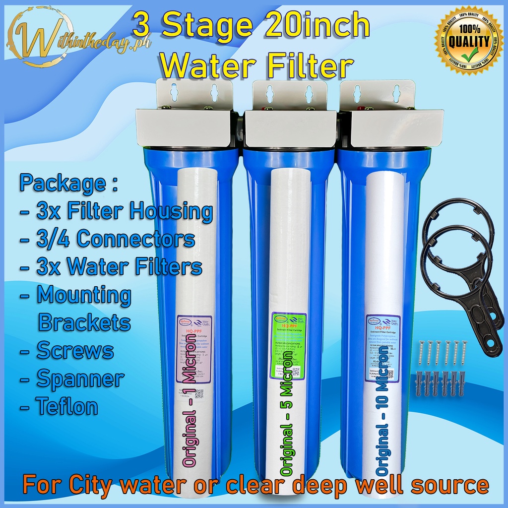 3 Stage 20 inch Water Filter housing Complete Set with Filters Fittings ...