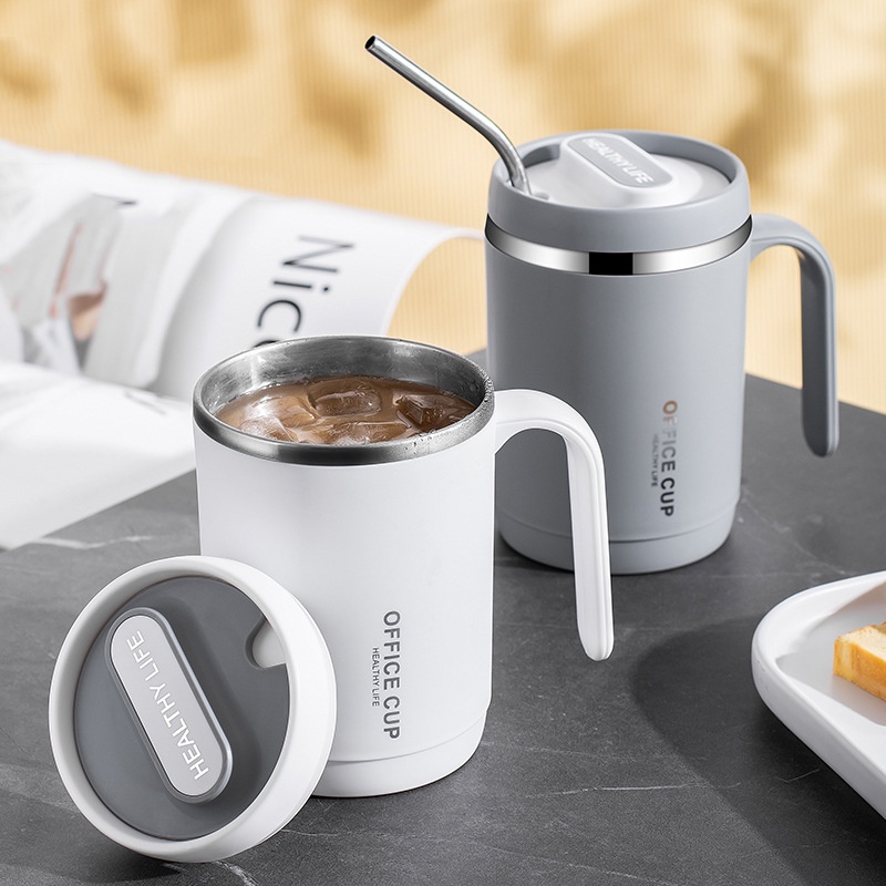 500mL Coffee Mug Hot and Cold Mug With Cover And Straw 304 Stainless ...
