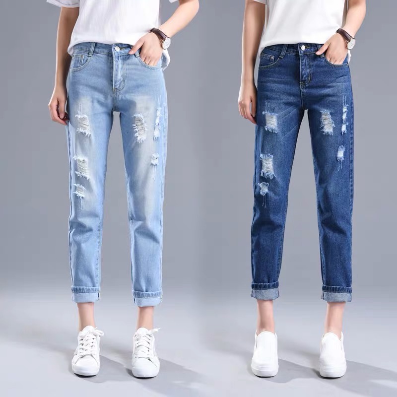 Elastic Ripped Cutout Cuff Washed Jeans