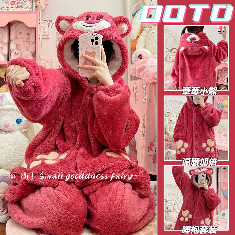 COD ☋ Ins cute strawberry bear pajamas women autumn and winter new ...