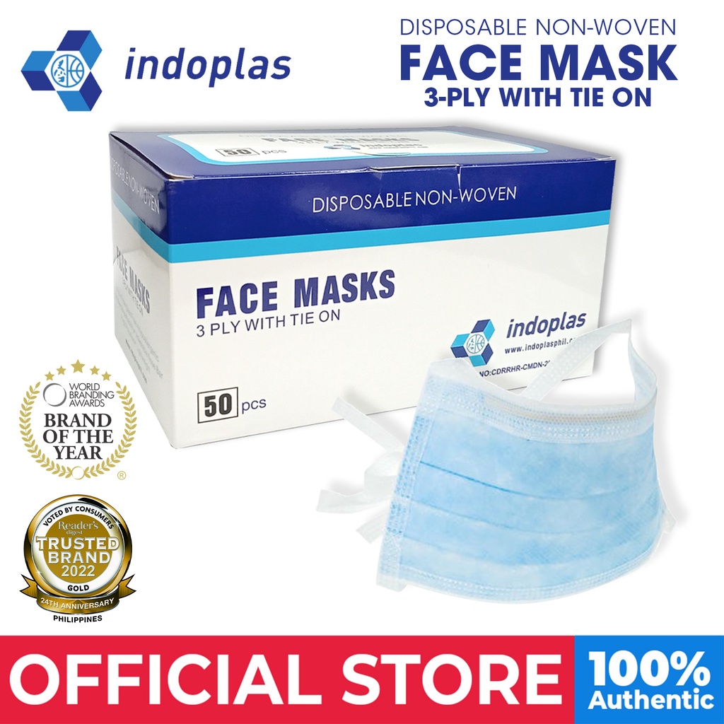 Indoplas Disposable Non-Woven Face Mask 3-ply with Tie-On 1 box (50 pcs ...