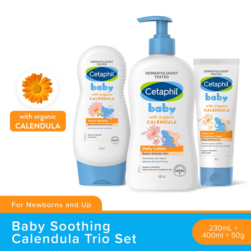 Cetaphil Baby Calendula Trio Set For Newborn Hypoallergenic Wash Shampoo Daily Lotion