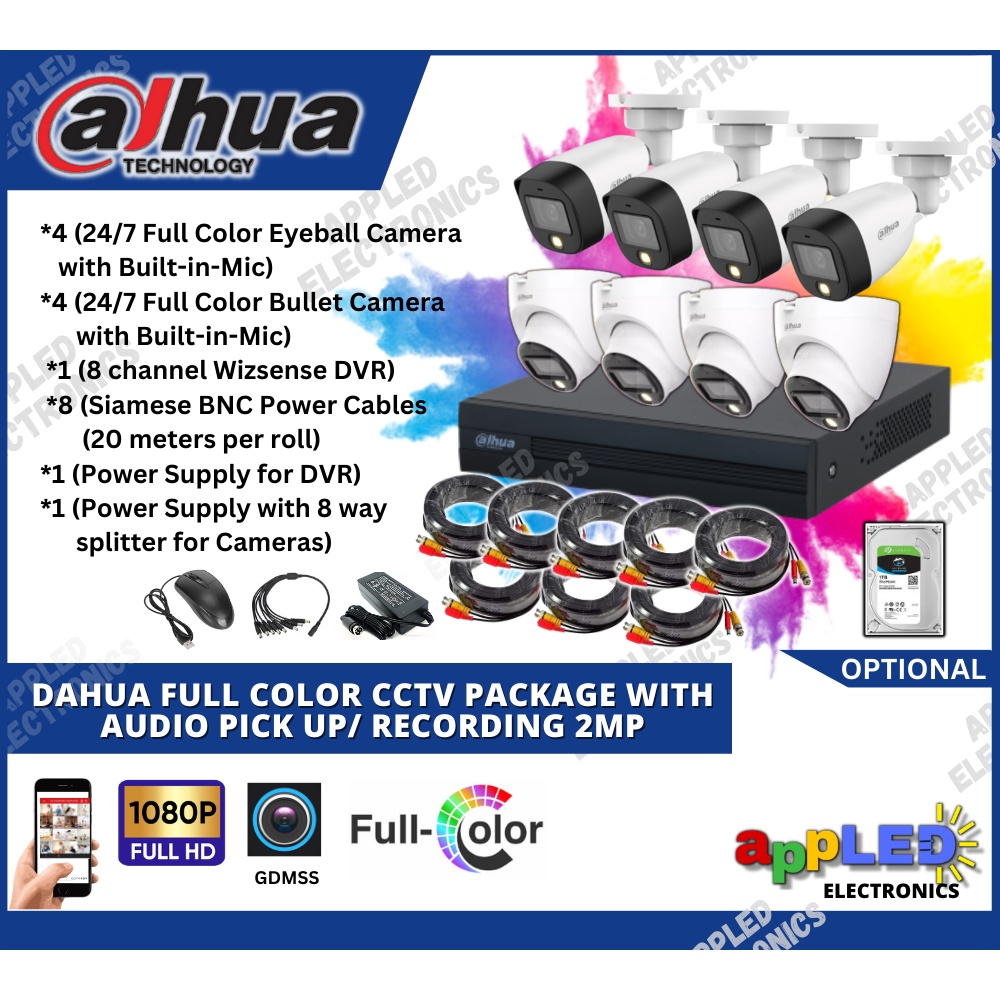 DAHUA FULL COLOR CCTV PACKAGE WITH AUDIO 2MP 24/7 Full Color Cameras with  Built-in-Mic