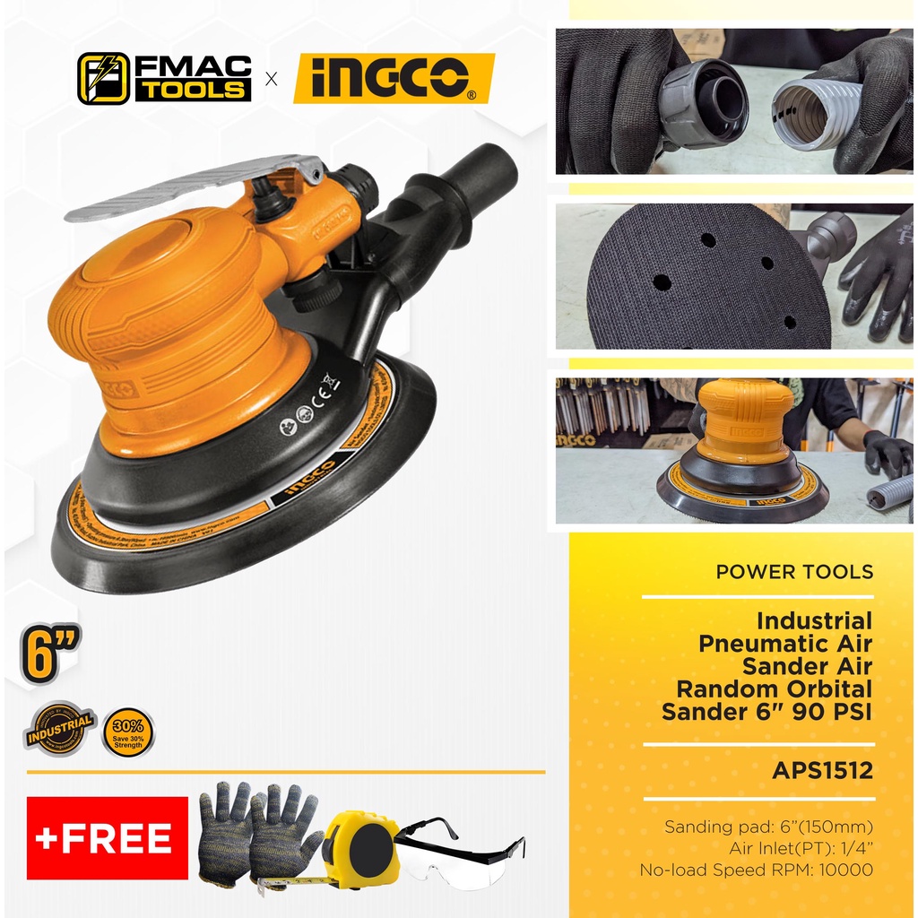 INGCO Pneumatic Air Sander Air Random Orbital Sander 6" 90 PSI APS1512