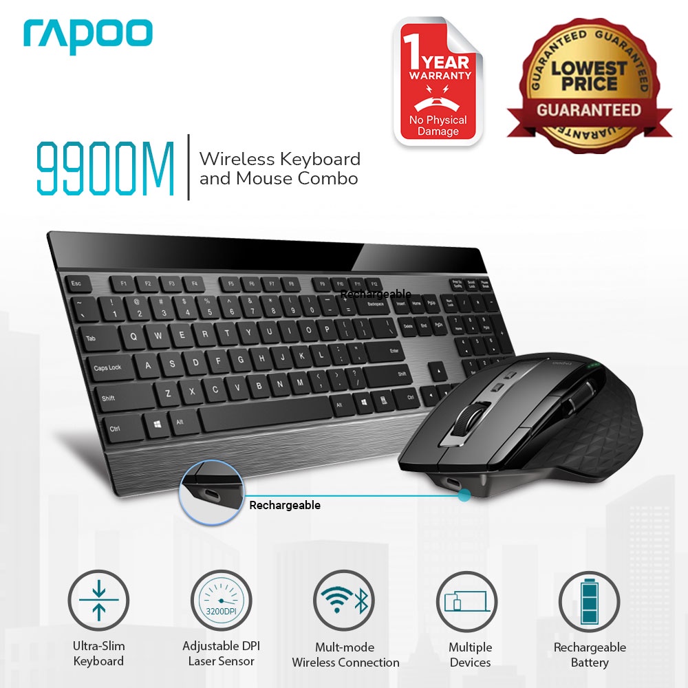 Rapoo 9900M Multi Device Wireless Keyboard and Mouse Set Bluetooth 4.0 ...
