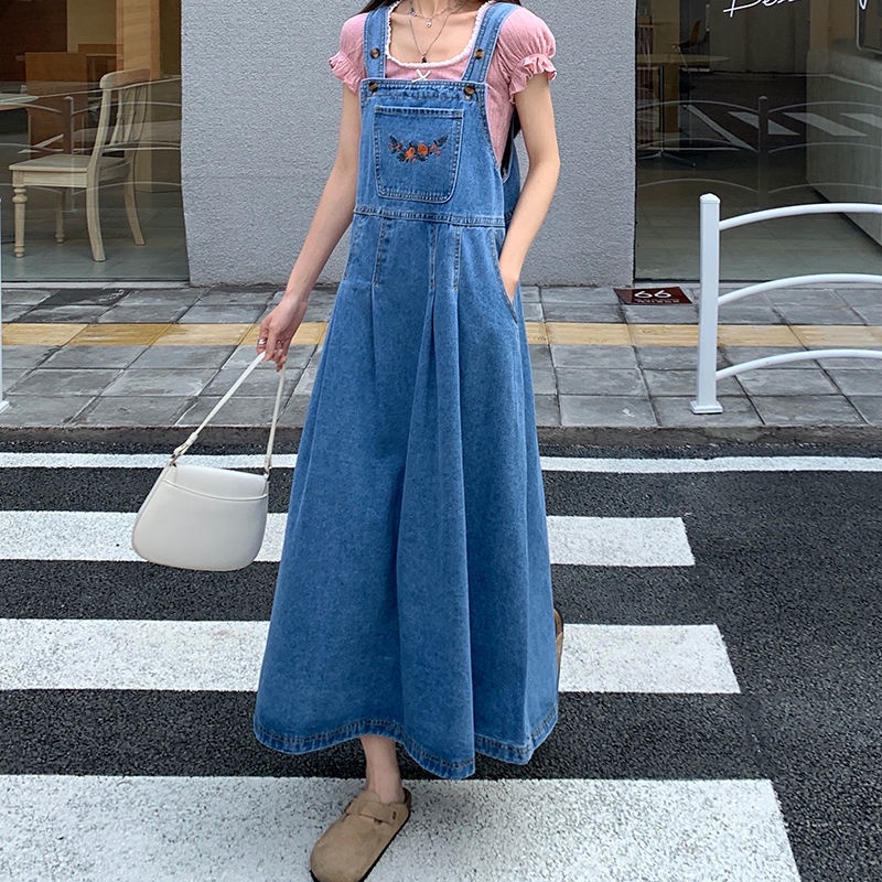 jumper dress Summer new denim suspender skirt retro age reduction waist loose and thin long a line dress