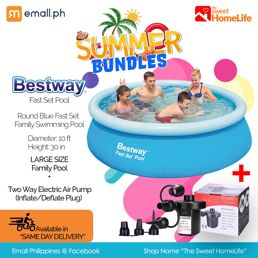 Emall Philippines BUNDLE (Pool+Air Pump) Bestway Round Blue Fast Set